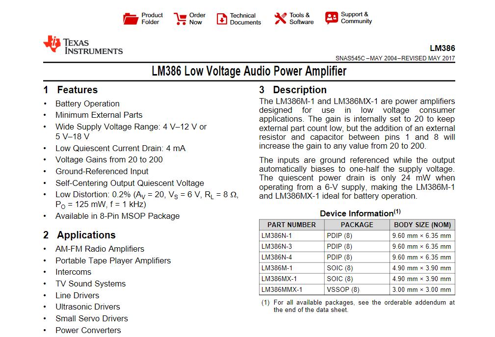 Screenshot of the Texas Instruments Datasheet for the LM386